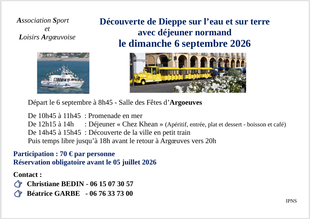 You are currently viewing Association Sport & Loisirs Argœuvoise, vous propose une sortie à DIEPPE