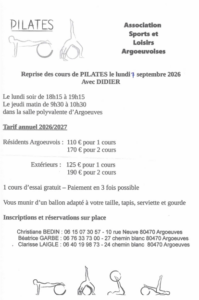 Lire la suite à propos de l’article L&rsquo;ASSOCIATION SPORTS & LOISIRS ARGOEUVOISES vous propose la reprise des cours de PILATES à partir du lundi 7 septembre 2026